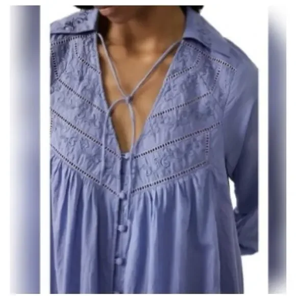 Free People Embroidered Bohemian Western Babydoll Mini Dress Periwinkle Sz M - Picture 4 of 13
